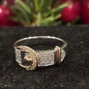 14K Two Tone Diamond Belt Buckle Ring Sz 7.25